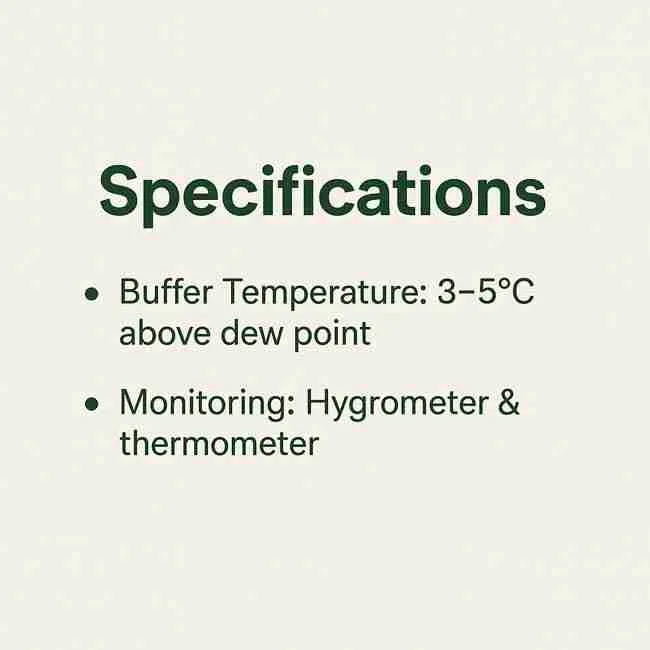 Infographic titled Specifications showing dew point cannabis guidelines for buffer temperature above dew point and monitoring tools like hygrometer.