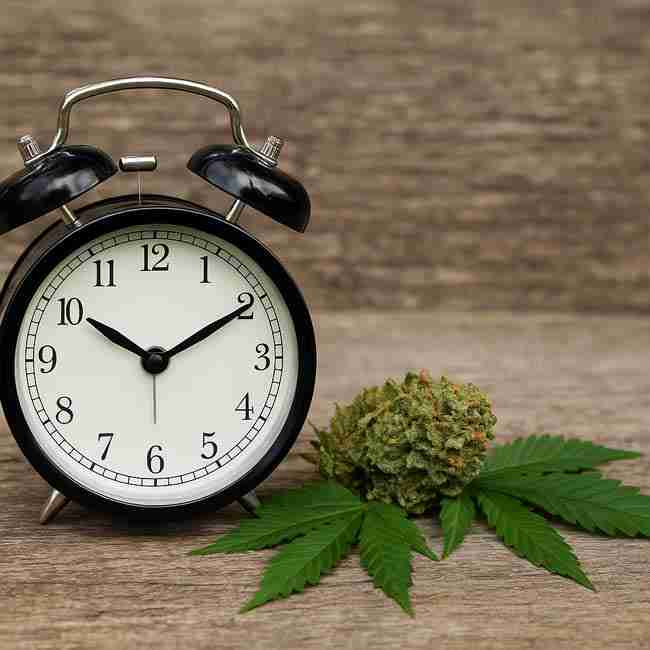Alarm clock on wooden surface beside cannabis buds and leaves symbolizing nighttime dew point cannabis monitoring and safety routine.