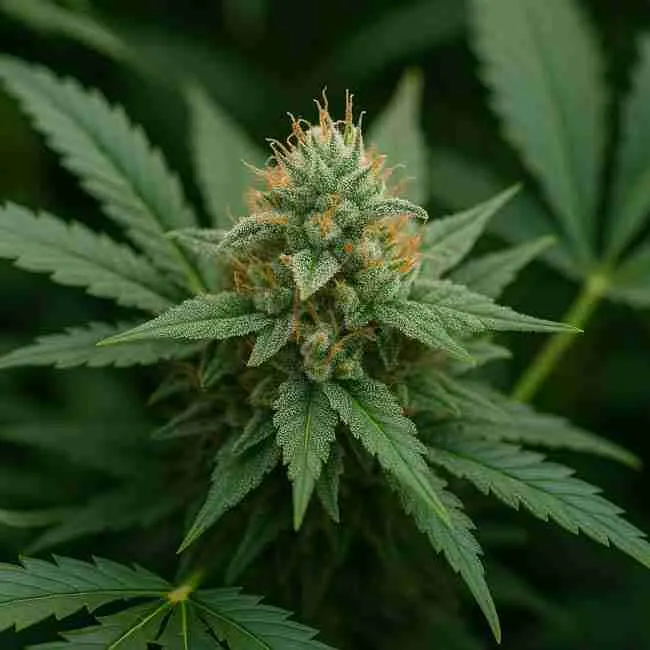 Macro of a cannabis cola with orange pistils and frosty trichomes showing dew point cannabis risks outdoors in humid nighttime conditions.