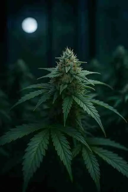 Close-up of a cannabis cola indoors at night under moonlight showing frosty trichomes and orange pistils symbolizing dew point cannabis risks.