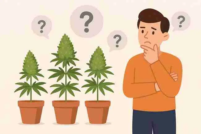 Illustration of a grower thinking with cannabis plants in pots and question bubbles overhead symbolizing dew point cannabis grow case studies.