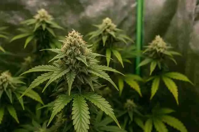 Indoor grow tent with dense cannabis buds and reflective walls showing conditions for dew point cannabis control and botrytis prevention