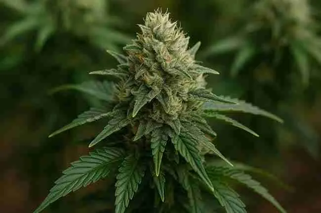 Close-up of a mature cannabis cola with heavy trichomes and orange pistils representing dew point cannabis nighttime action plan for growers.