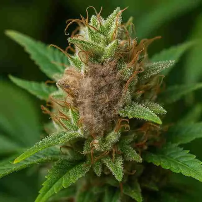 Close-up of a cannabis bud showing Botrytis infection with grayish-brown fuzzy mold spreading across trichomes and pistils.