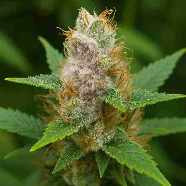 Close-up of a cannabis cola infected with Botrytis showing gray mold spreading among orange pistils and trichome-covered green leaves.