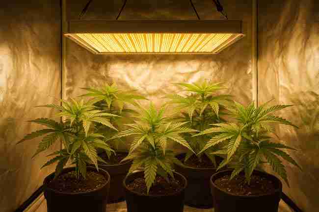Horizontal image of cannabis plants in fabric pots inside a reflective grow tent under a suspended full-spectrum LED light.