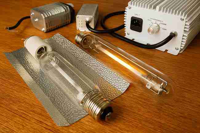 Horizontal image of HID grow light components including bulbs, reflector, and ballast arranged on a wooden surface for indoor cannabis cultivation.