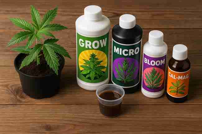 Horizontal image of cannabis plant beside multiple nutrient bottles labeled Grow, Micro, Bloom, and Cal-Mag on a wooden surface.