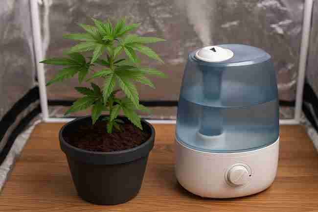 Horizontal image of a potted cannabis plant inside a grow tent placed beside a humidifier releasing mist for better environment control.