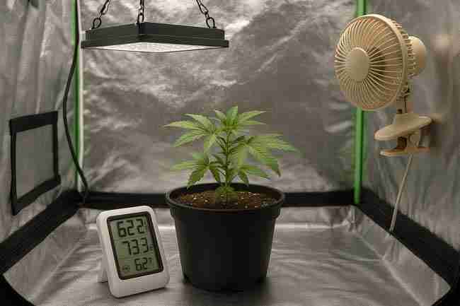 Horizontal image of a cannabis plant in a black pot inside a reflective grow tent with a digital hygrometer, LED light, and clip-on fan.