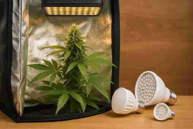 Horizontal image of a cannabis plant inside a reflective grow tent under LED lighting with extra LED bulbs placed outside for comparison.