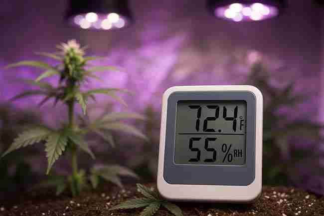 Horizontal image of cannabis plants under LED lights with a digital hygrometer showing temperature and humidity in the grow tent.