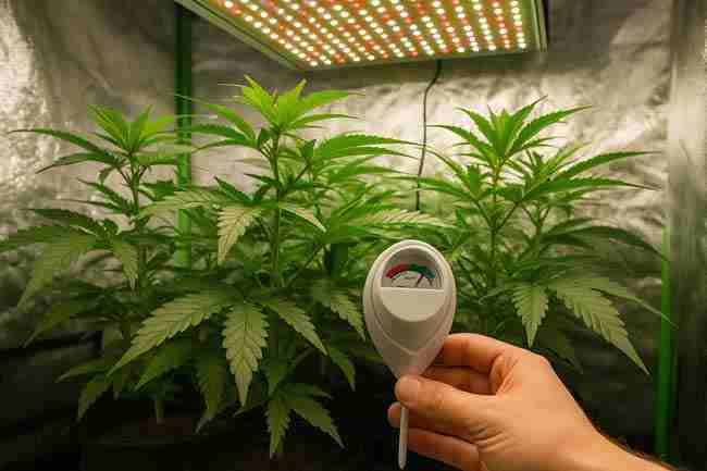 Horizontal image of cannabis plants in a grow tent under LED lighting with a hand holding a soil moisture meter showing proper watering levels.
