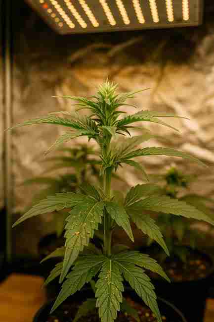 Horizontal close-up image of a cannabis plant inside a grow tent showing early aphid infestation on the leaves under LED lighting.