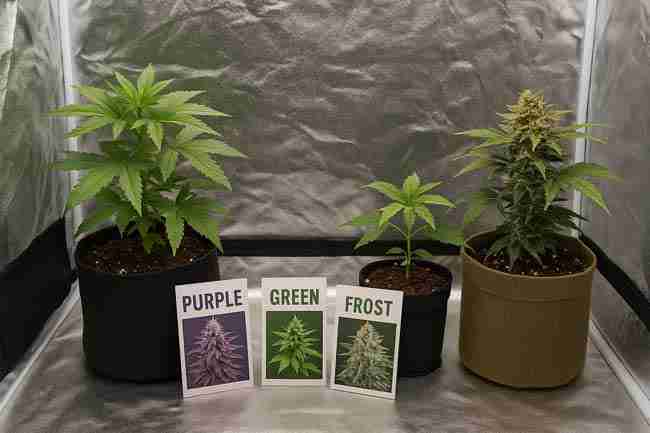 Horizontal image of cannabis plants at different growth stages inside a grow tent with seed packets labeled Purple, Green, and Frost strains.
