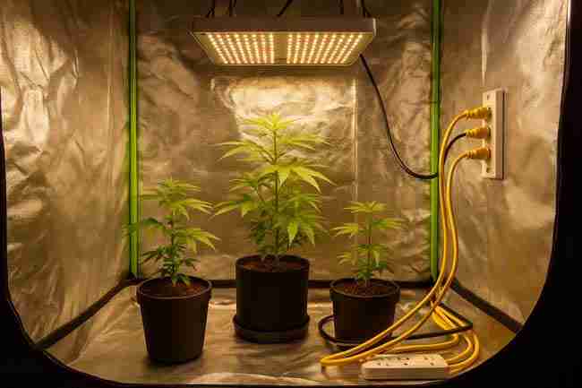 Horizontal image of cannabis plants in a grow tent under LED lighting with organized yellow extension cords safely plugged into a wall outlet.
