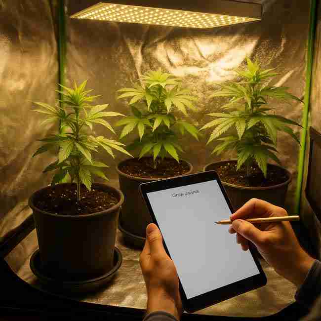 Horizontal image of a grower holding a tablet and writing notes while observing cannabis plants under LED light inside a reflective grow tent.