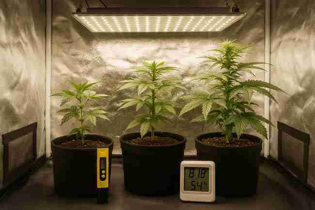 Horizontal image of cannabis plants in fabric pots inside a grow tent with a pH meter and digital hygrometer placed in front under LED lighting.