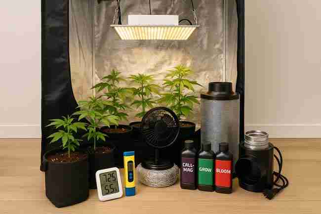 Horizontal image of a cannabis grow tent setup with LED light, fabric pots, fan, carbon filter, pH meter, hygrometer, and nutrient bottles neatly arranged.