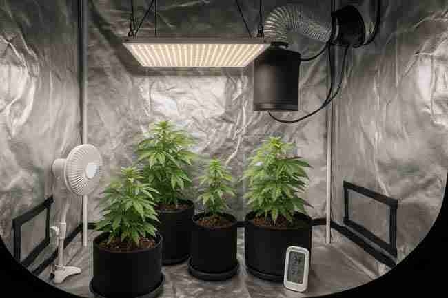 Horizontal image of a 3×3 cannabis grow tent with four plants in fabric pots, LED light, inline fan, carbon filter, clip-on fan, and hygrometer.