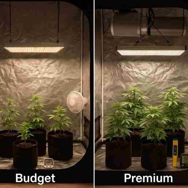 Horizontal split image showing two cannabis grow tents side by side: left with a budget setup (simple LED, small plants, basic tools) and right with a premium setup (advanced LED, larger plants, fan/filter, digital meters).
