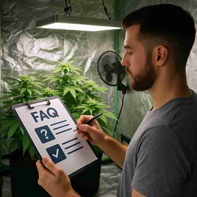 Horizontal image of a grower inside a reflective grow tent holding a clipboard labeled FAQ while observing healthy cannabis plants under LED light.