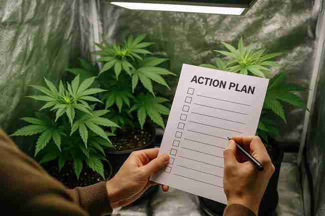 Horizontal image of a grower holding a checklist labeled ACTION PLAN while observing cannabis plants inside a reflective grow tent under LED light.