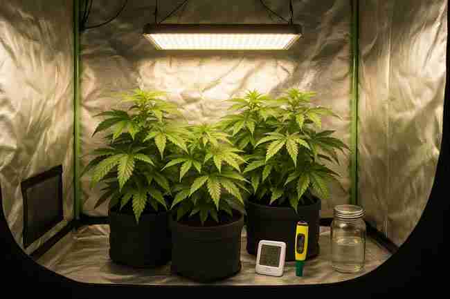 Horizontal image of thriving cannabis plants in fabric pots inside a reflective grow tent with LED lighting, hygrometer, pH meter, and water jar neatly arranged.
