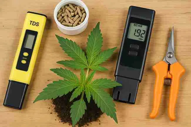 Cannabis growing mediums coco, hydroponics, soilless mix, and living soil with plants at different stages