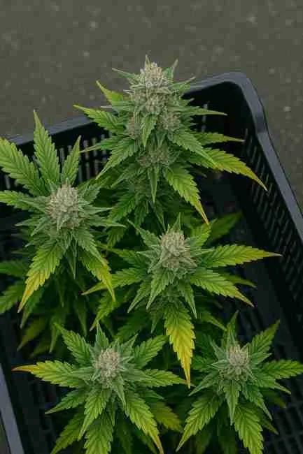 Cannabis feeding chart references with EC, ppm, and nutrient tools beside harvested buds