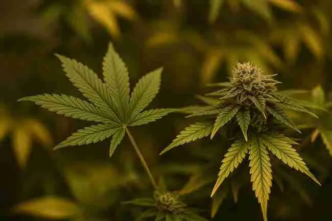 Cannabis plant in late flower showing natural leaf fade during flush process