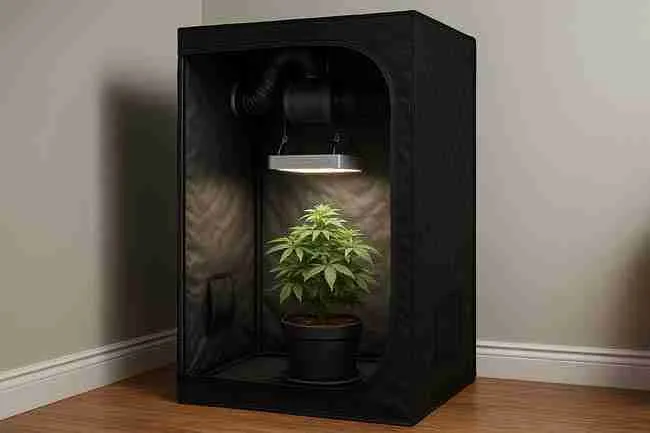 Low odor cannabis strains seeds in a compact tent with carbon filter and negative pressure for discreet, stealth growing.