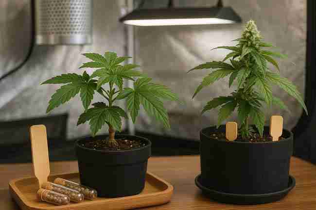 Ultra-small cabinet grow using low odor cannabis strains seeds with a mini carbon filter for stealth.