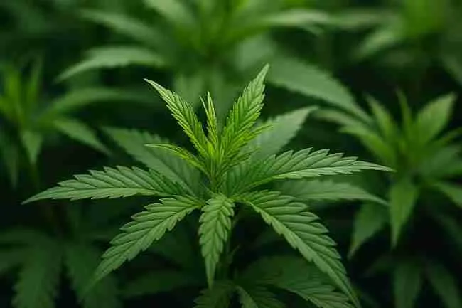 Close-up of healthy cannabis leaf showing early calcium-related growth at canopy top.