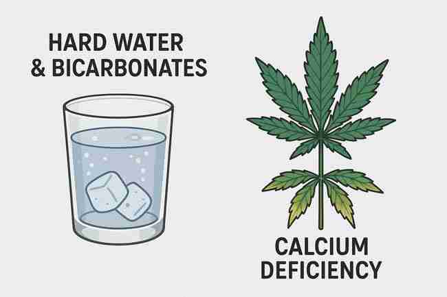 Illustration comparing hard water with bicarbonates and cannabis leaf showing calcium deficiency symptoms.