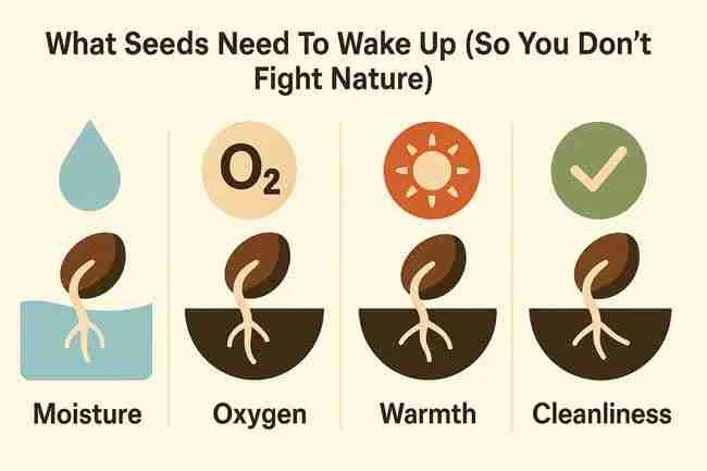 Horizontal illustration showing cannabis seeds sprouting with icons for moisture, oxygen, warmth, and cleanliness.