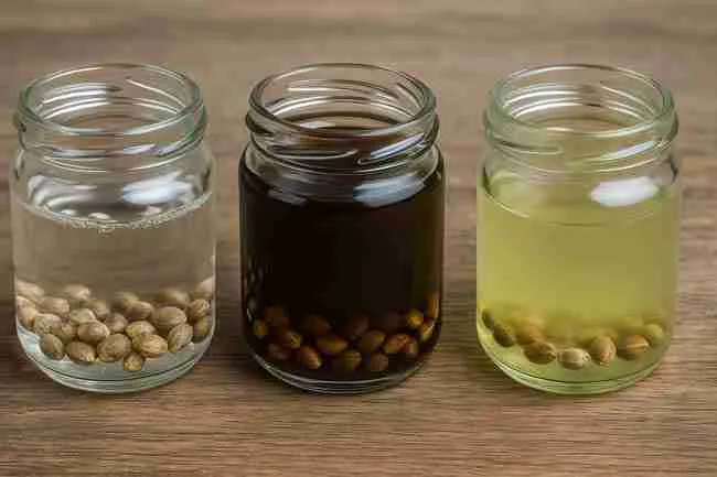 Three glass jars showing cannabis seeds soaking in hydrogen peroxide, fulvic acid, and kelp solutions.