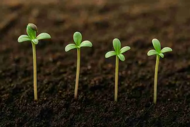 Young cannabis seedlings sprouting in soil, showing successful germination outcomes.