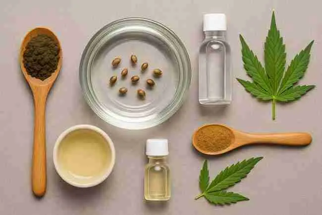 Overhead arrangement of cannabis seeds, hydrogen peroxide, kelp, fulvic acid, and glassware for precise soaking preparation.