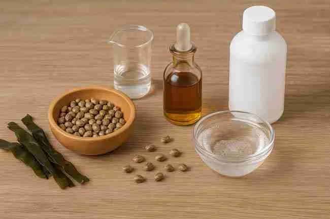 Wooden bowl of cannabis seeds with kelp, fulvic extract, hydrogen peroxide, and glass jars arranged for germination preparation.