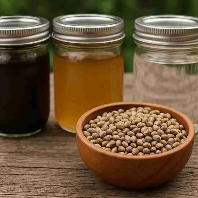 Wooden bowl of cannabis seeds beside jars containing kelp, fulvic acid, and hydrogen peroxide solutions for soaking comparisons.