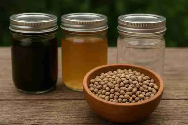 Wooden bowl filled with cannabis seeds beside jars of soaking solutions—hydrogen peroxide, fulvic acid, and kelp extract.