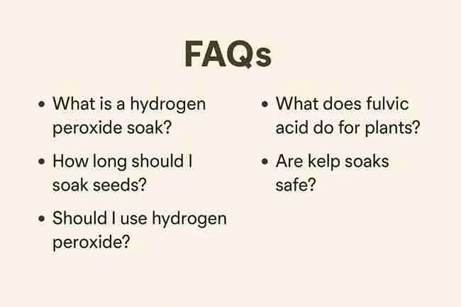Minimalist FAQ illustration with common questions about hydrogen peroxide soak cannabis seeds, fulvic acid, and kelp soaks.