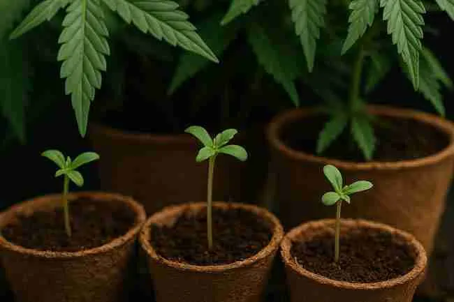 Cannabis seedlings growing in biodegradable pots with mature plants behind, showing healthy and safe germination practices.