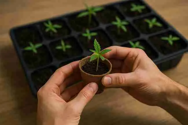 Hands holding a cannabis seedling in a biodegradable pot with a tray of young seedlings in the background.