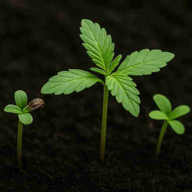 Three cannabis seedlings at different early growth stages sprouting from dark soil under soft lighting.