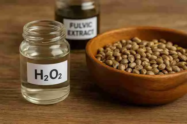 Glass jars labeled hydrogen peroxide and fulvic extract beside a wooden bowl of cannabis seeds on a rustic wooden surface.