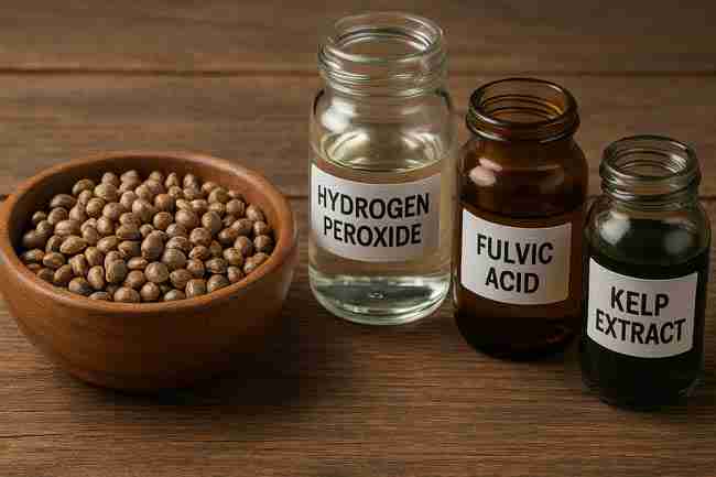 Wooden bowl of cannabis seeds beside labeled jars of hydrogen peroxide, fulvic acid, and kelp extract for soaking preparation.
