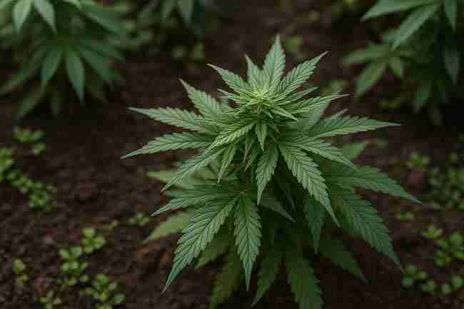 Cannabis plant thriving in rich organic soil, representing natural growth and questioning hydrogen peroxide’s role in organic cannabis gardens.