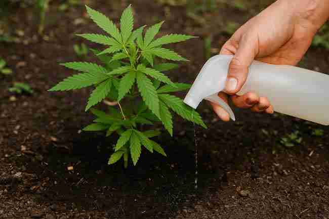 Young cannabis plant growing in a fabric pot filled with rich soil, illustrating careful hydrogen peroxide dilution in organic cannabis gardens.
